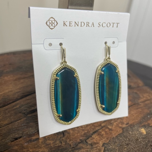 NWT Kendra Scott Elle Drop Earrings in Teal Tiger's Eye! - Picture 3 of 4